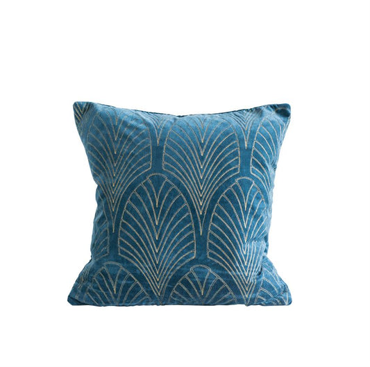 Blue Velvet Pillow and Insert with Gold Embroidery