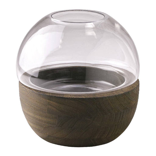 Wood and Glass Modern Geometry 2-Piece Dome Vase 7.7" Diameter
