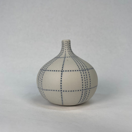 Small White and Blue Plaid Textured Bottle Vase
