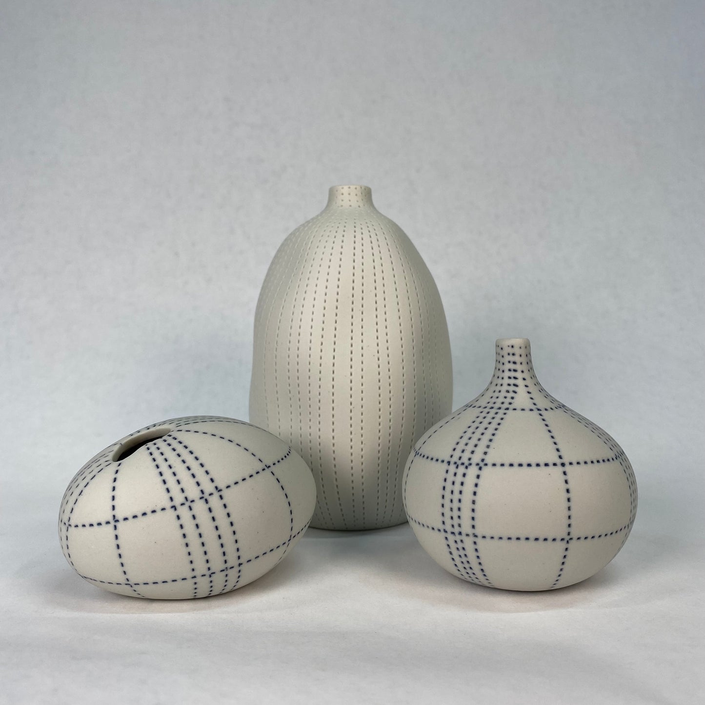 Small White and Blue Plaid Textured Bottle Vase