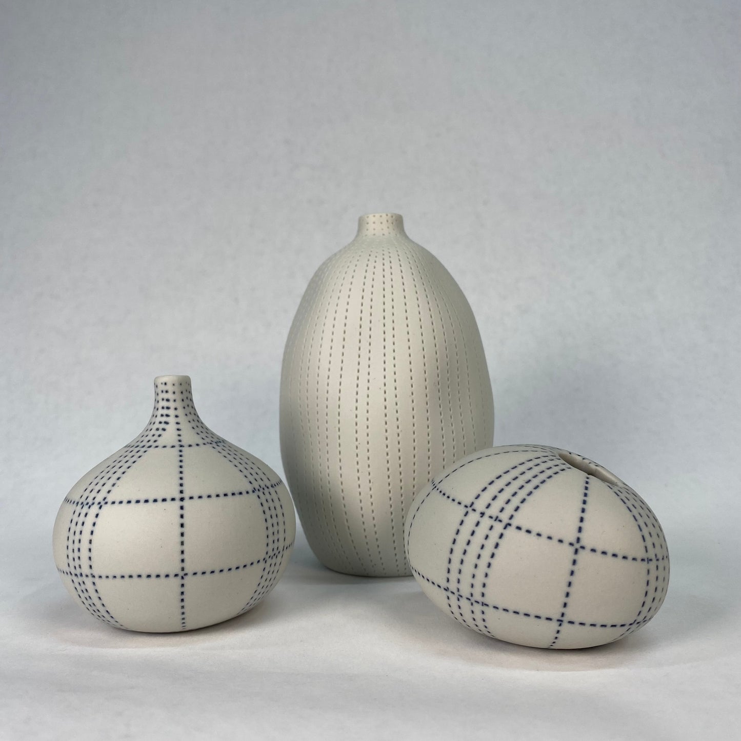 Small White and Blue Plaid Textured Bottle Vase