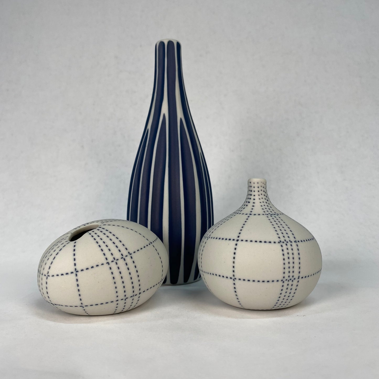 Small White and Blue Plaid Textured Bottle Vase