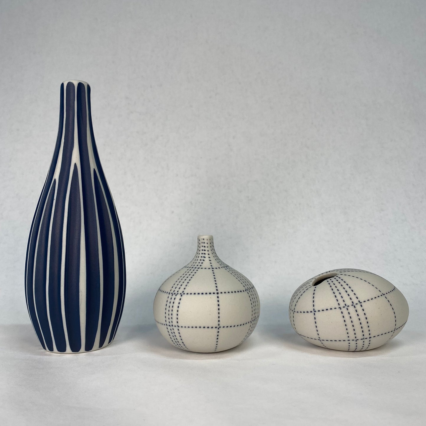 Small White and Blue Plaid Textured Bottle Vase