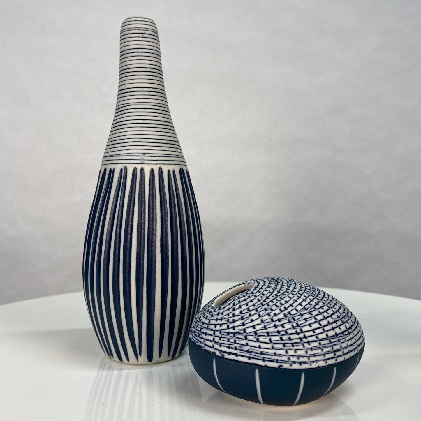Blue and White Textured Double Stripe Vase