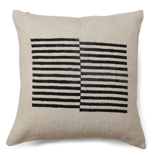 18" x 18" decorative pillow with graphic design featuring an offset linear pattern. Black print on ivory background. Handprinted by talented artisans using traditional hand block printing techniques, finished with YKK golden zipper. Pillow insert included.