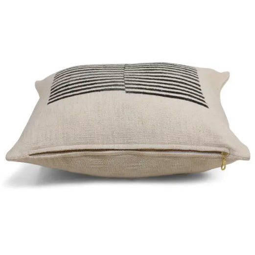 18" x 18" decorative pillow with graphic design featuring an offset linear pattern. Black print on ivory background. Handprinted by talented artisans using traditional hand block printing techniques, finished with YKK golden zipper. Pillow insert included.