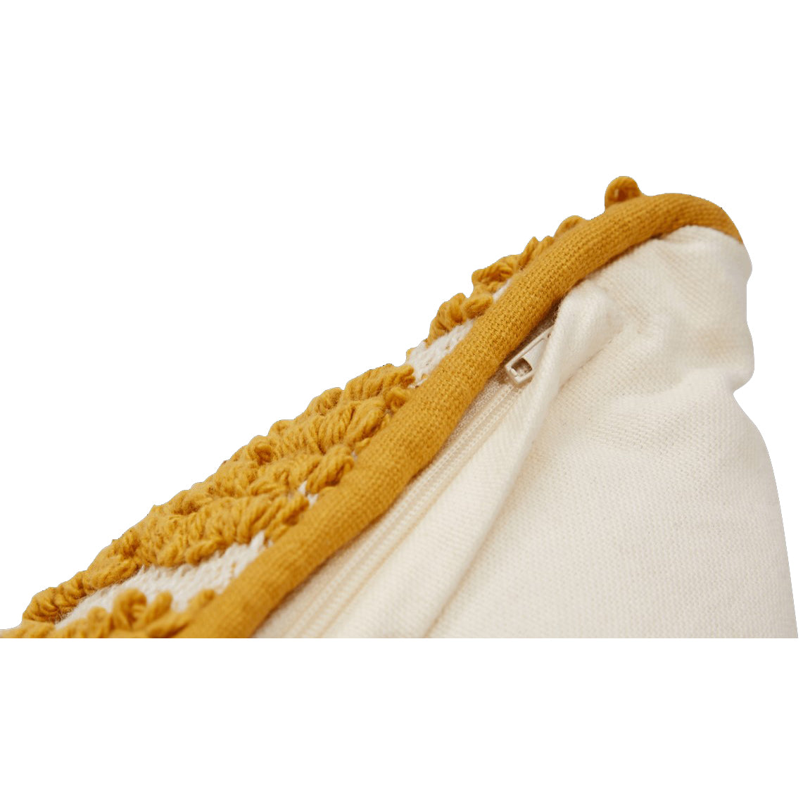 20" x 20" decorative pillow with hand-tufted geometric design by skilled artisans. Mustard Yellow design with ivory and mustard yellow background. Finished with YKK golden zipper. Pillow insert included.