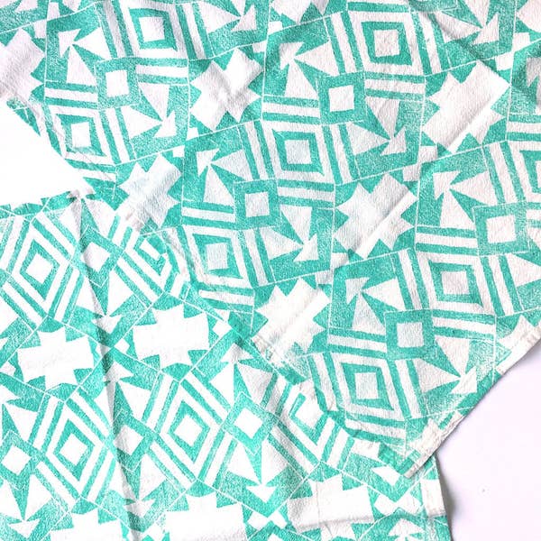Mint Green Geometric Hand Printed Napkin Towel 20" x 20"