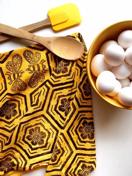Honeycomb Hand Printed Cotton Kitchen Tea Towel 28" x 28"
