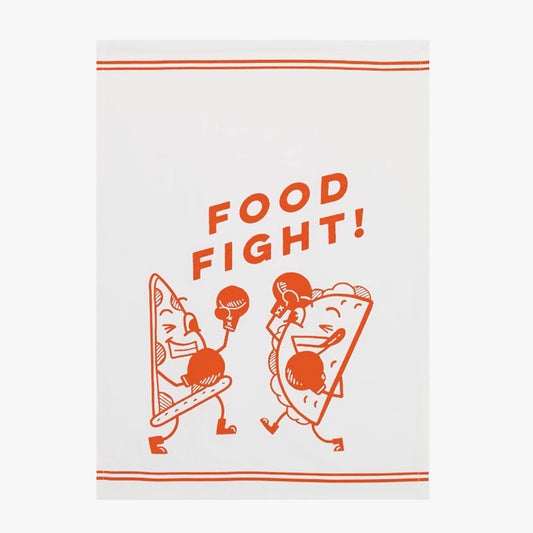 Pizza and Taco Food Fight Hand Screen Printed Cotton Kitchen Towel 25" x 18"