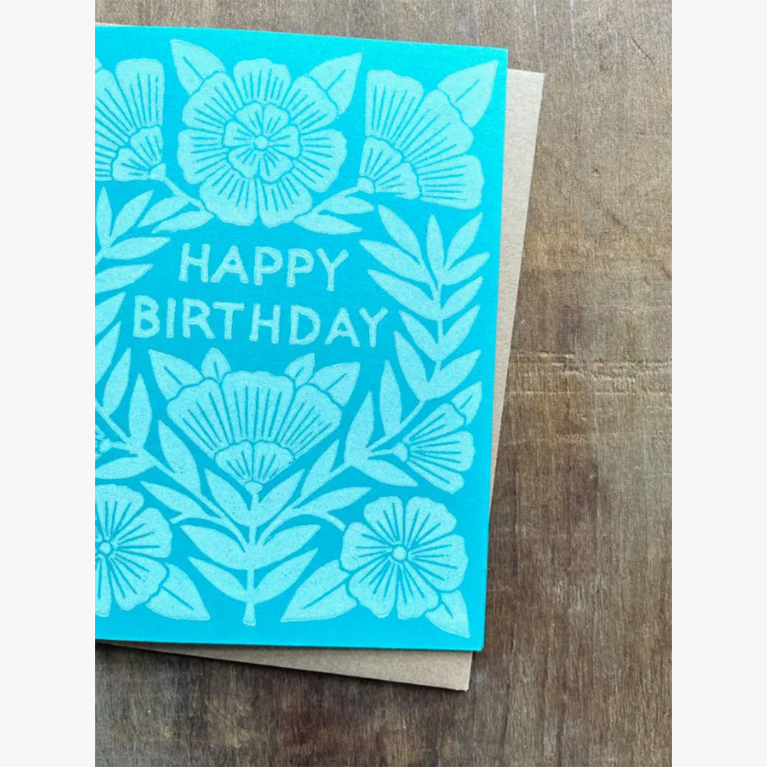 Teal Floral Happy Birthday Greeting Card