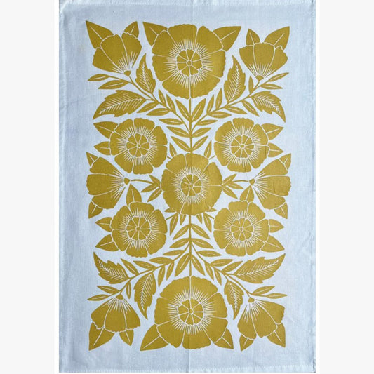 Yellow Floral Block Screen Printed Kitchen Tea Towel 18" x 28"