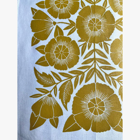 Yellow Floral Block Screen Printed Kitchen Tea Towel 18" x 28"