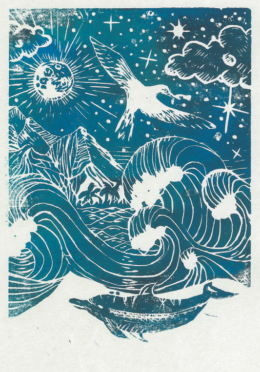 Moon Seascape Linocut Print
