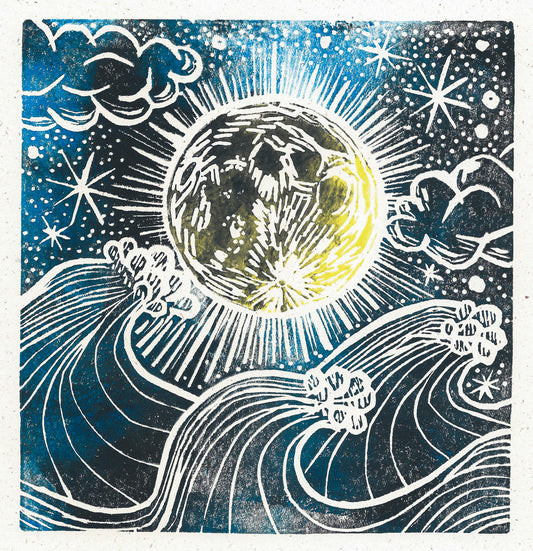 Moon and Sea Linocut Print