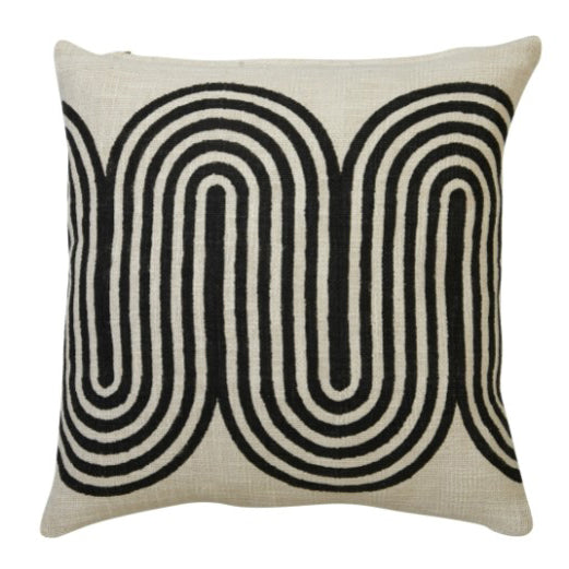 18" x 18" decorative pillow with graphic design featuring an undulating curves pattern. Black print on ivory background. Handprinted by talented artisans using traditional hand block printing techniques, finished with YKK golden zipper. Pillow insert included.