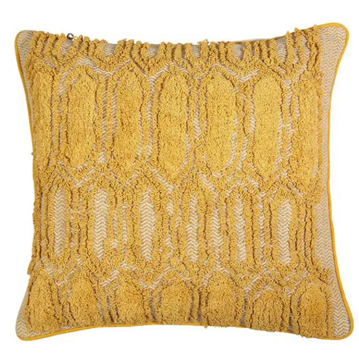 20" x 20" decorative pillow with hand-tufted geometric design by skilled artisans. Mustard Yellow design with ivory and mustard yellow background. Finished with YKK golden zipper. Pillow insert included.