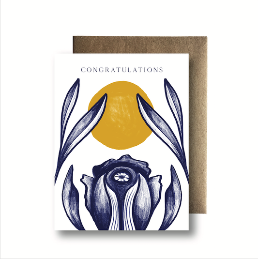 Blue Flower and Yellow Sun Congratulations Greeting Card