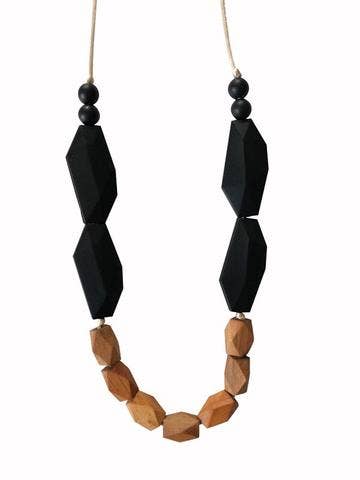 Beachwood and Black Beaded Baby Teether Necklace