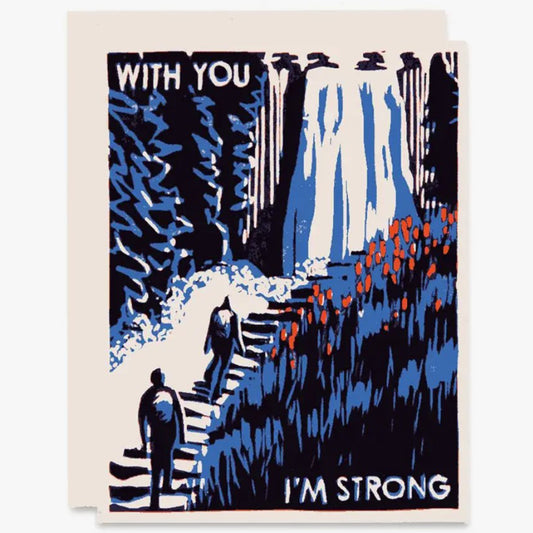 With a soothing graphic and a simple yet bold color palette, our With You I'm Strong Greeting Card helps offer a message of gratitude and love. Greeting card is letterpress printed from hand-carved woodblocks in the USA.