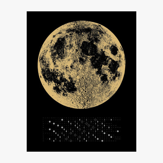 Our Moon Phase Black and Gold 2023 Calendar features a black background with gold color metallic hand printed graphics that include a large full moon at the top of the page, with the 2023 calendar portion at the lower third of the page. Calendar includes both number of days and graphics to help identify which phase the moon is in, on that particular day.