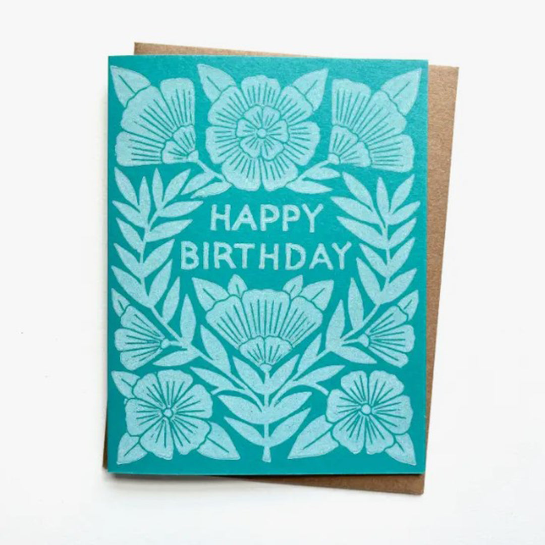 Teal Floral Happy Birthday Greeting Card