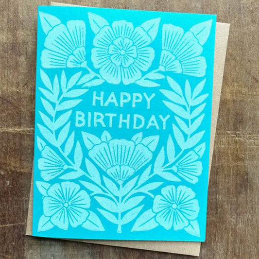 Teal Floral Happy Birthday Greeting Card