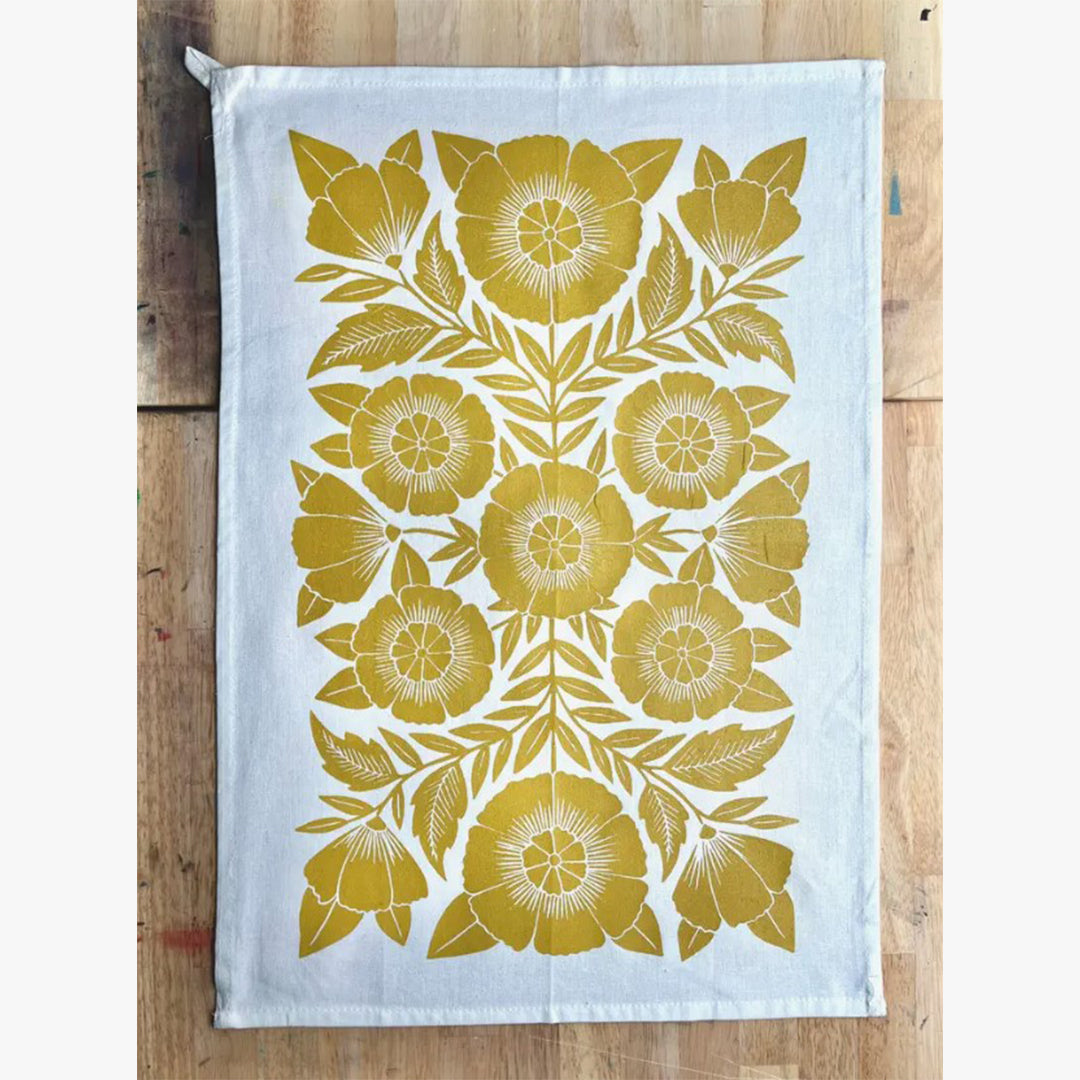 Yellow Floral Block Tea Towel