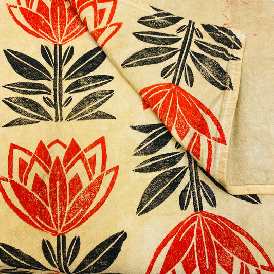 Red Tulip Flower Hand Printed Dinner Napkin Towel 20" x 20"
